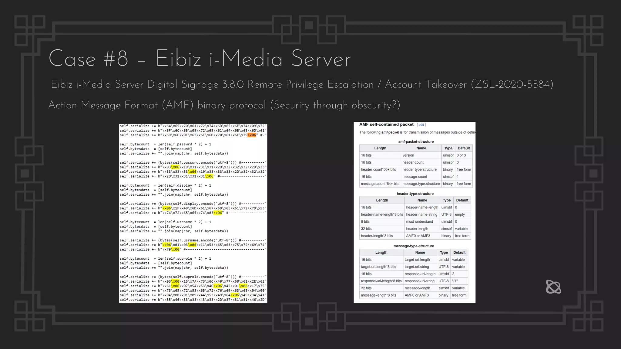 Case #8 – Eibiz i-Media Server
Eibiz i-Media Server Digital Signage 3.8.0 Remote Privilege Escalation / Account Takeover (ZSL-2020-5584)
Action Message Format (AMF) binary protocol (Security through obscurity?)
 