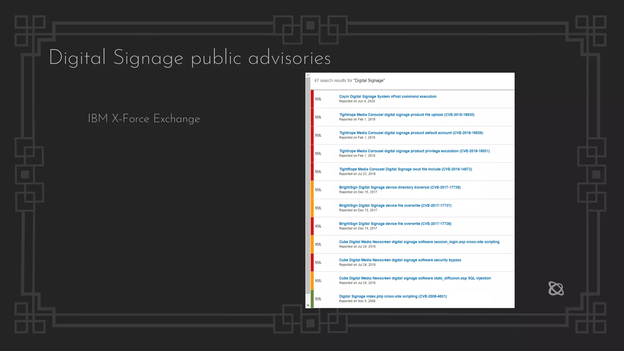 IBM X-Force Exchange
Digital Signage public advisories
 