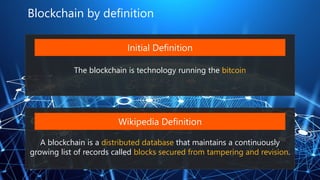 ©2017 Avanade Inc. All Rights Reserved.
Blockchain by definition
A blockchain is a distributed database that maintains a continuously
growing list of records called blocks secured from tampering and revision.
The blockchain is technology running the bitcoin
Initial Definition
Wikipedia Definition
 