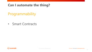 <Restricted> See Avanade’s Data Management Policy©2017 Avanade Inc. All Rights Reserved.
27
Programmability
• Smart Contracts
Can I automate the thing?
 