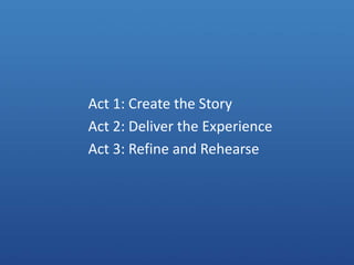 Act 1: Create the Story<br />Act 2: Deliver the Experience<br />Act 3: Refine and Rehearse<br />