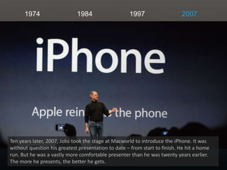 1974<br />1984<br />1997<br />2007<br />Ten years later, 2007, Jobs took the stage at Macworld to introduce the iPhone. It...