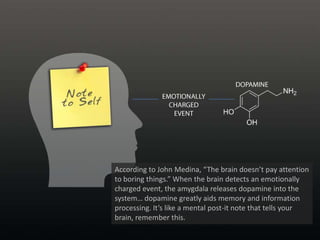 DOPAMINE<br />EMOTIONALLY<br />CHARGED EVENT<br />According to John Medina, “The brain doesn’t pay attention to boring thi...