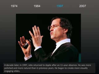 1974<br />1984<br />1997<br />2007<br />A decade later, in 1997, Jobs returned to Apple after an 11-year absence. He was m...