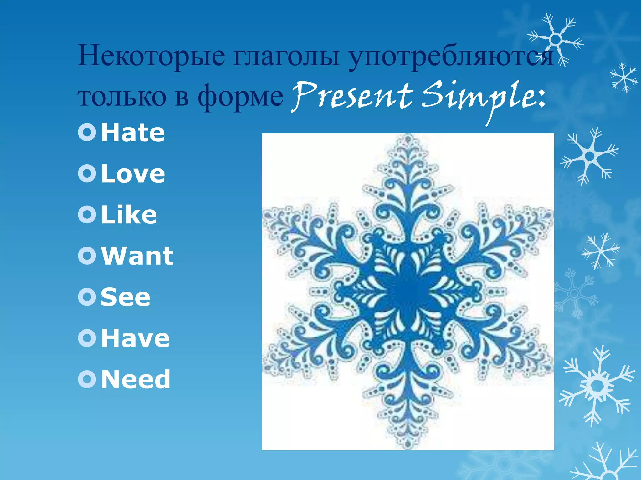 Некоторые глаголы употребляются
только в форме Present Simple:
Hate
Love
Like
Want
See
Have
Need
 