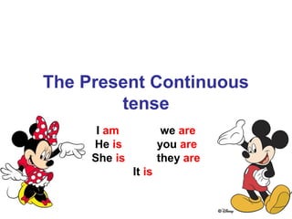 The Present Continuous
tense
I am we are
He is you are
She is they are
It is
 