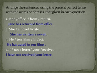 1. Jane /office  / from / return.  Jane has returned from office .  2. She / a novel /write.  She has written a novel .  3. He / ten films / in /act.  He has acted in ten films .  4. I / not / letter/ your /receive .  I have not received your letter.  