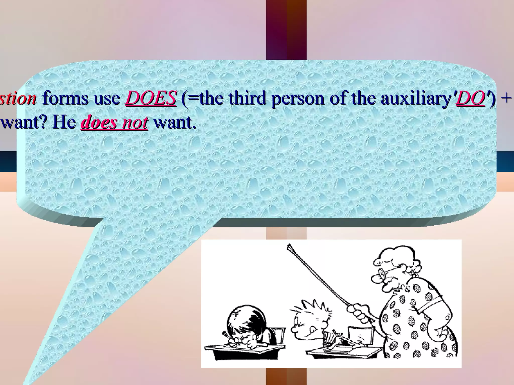 stion forms use DOES (=the third person of the auxiliary'DO') +
want? He does not want.




                                
 