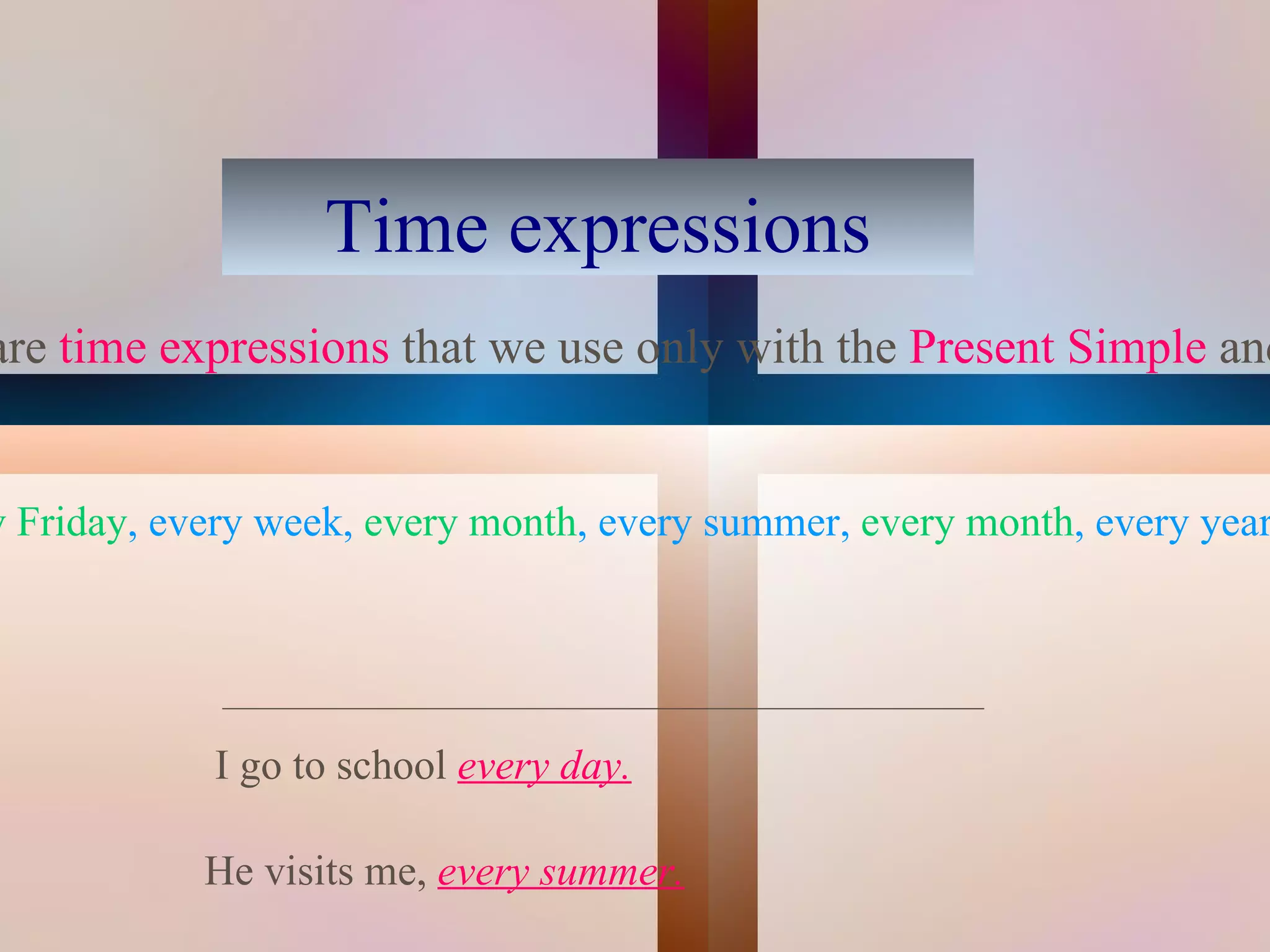 Time expressions
are time expressions that we use only with the Present Simple and


y Friday, every week, every month, every summer, every month, every year




            I go to school every day.
                                         
            He visits me, every summer.
 