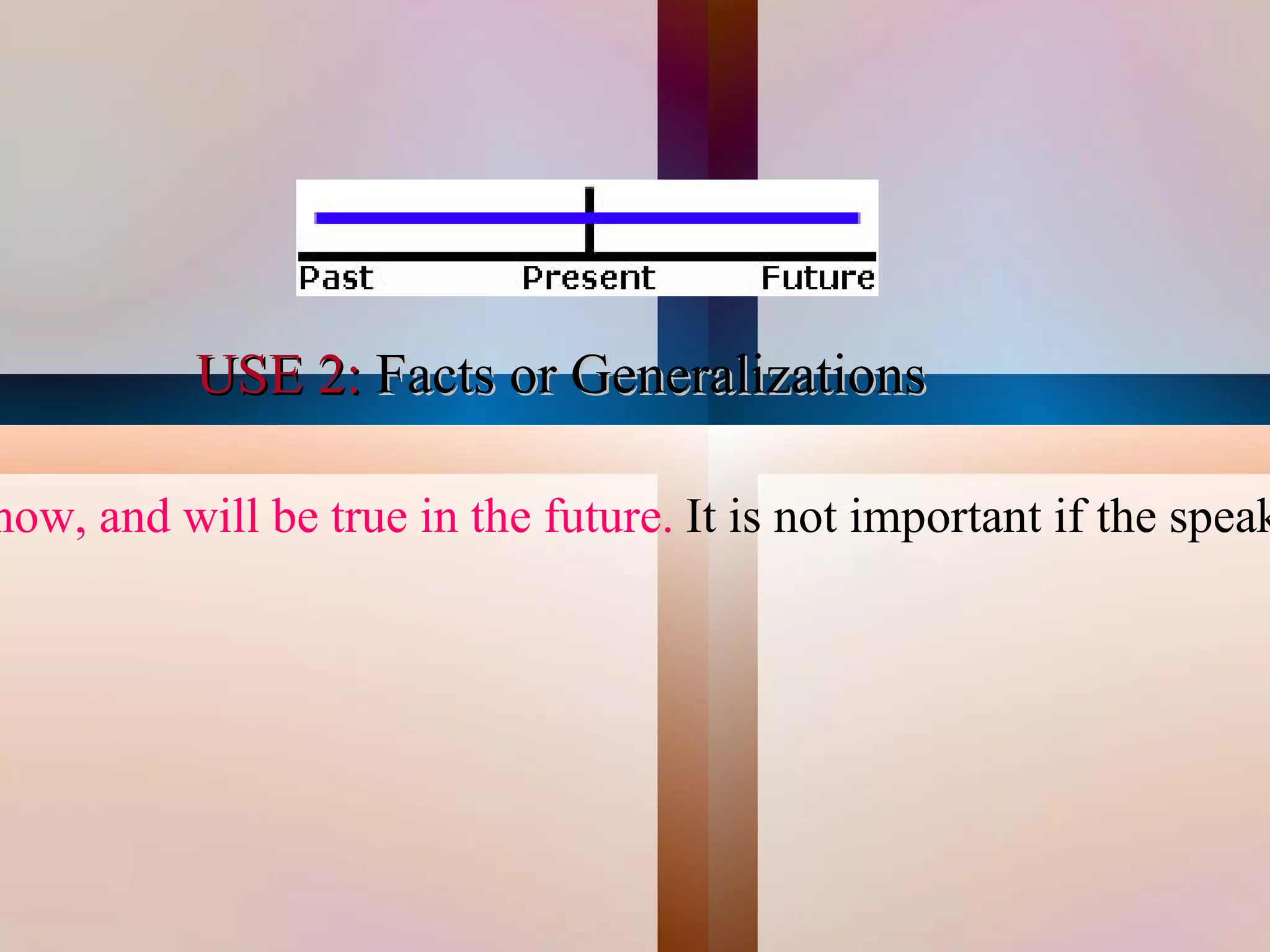 USE 2: Facts or Generalizations      

now, and will be true in the future. It is not important if the speak




                                   
 