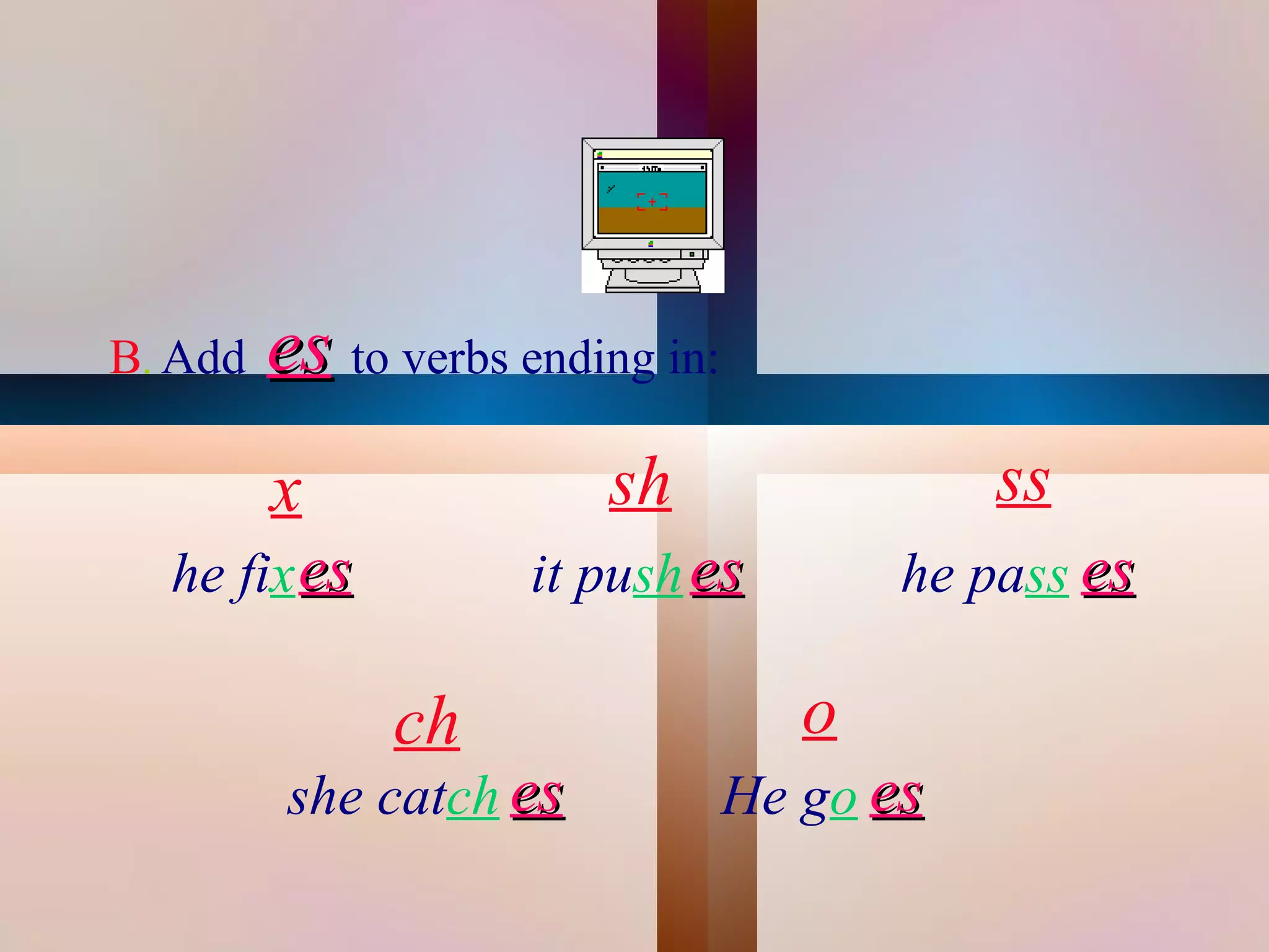 B. Add   es to verbs ending in:
             x               sh                  ss
      he fix es          it push es          he pass es

                   ch                    o
              she catch es            He go es
                               
 