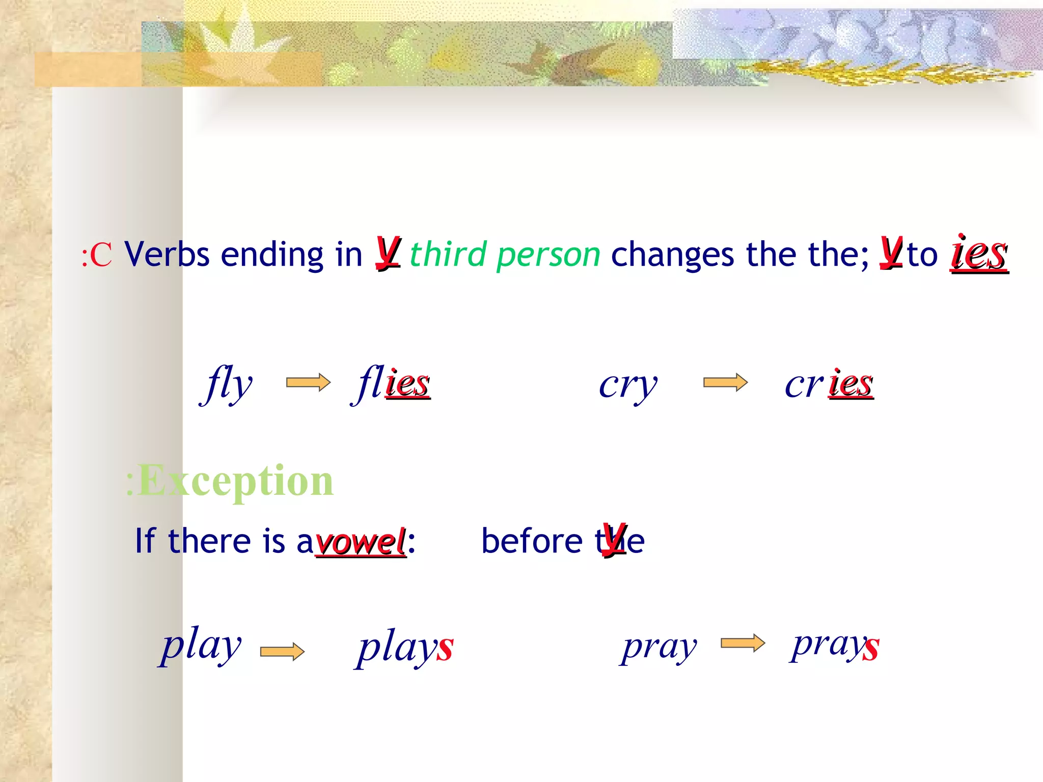 :C Verbs ending in   y third person changes the the; y to ies

        fly      flies             cry        cr ies

  :Exception
   If there is avowel:
                vowel              y
                           before the


     play        plays              pray       prays
 