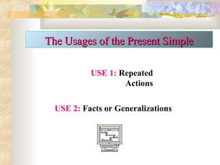 USE 1: Repeated
Actions   
USE 2: Facts or Generalizations    
The Usages of the Present SimpleThe Usages of the Present Simple
 