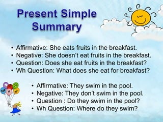 • Affirmative: She eats fruits in the breakfast.
• Negative: She doesn’t eat fruits in the breakfast.
• Question: Does she eat fruits in the breakfast?
• Wh Question: What does she eat for breakfast?
• Affirmative: They swim in the pool.
• Negative: They don’t swim in the pool.
• Question : Do they swim in the pool?
• Wh Question: Where do they swim?
 