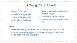 1. Trạng từ chỉ tần suất
• always: luôn luôn,
• usually: thường xuyên
• never: không bao giờ
• generally: nhìn chung
• often = regularly = frequently:
thường xuyên
• sometimes: thỉnh thoảng
• seldom = rarely= hardly: hiếm
khi
Ví dụ:
o He sometimes go to beach (thỉnh thoảng cậu ấy có đi biển)
o I always drink orange justice in the morning (tôi luôn luôn
uống nước cam vào buổi sáng)
 
