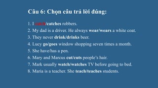 Câu 6: Chọn câu trả lời đúng:
1. I catch/catches robbers.
2. My dad is a driver. He always wear/wears a white coat.
3. They never drink/drinks beer.
4. Lucy go/goes window shopping seven times a month.
5. She have/has a pen.
6. Mary and Marcus cut/cuts people’s hair.
7. Mark usually watch/watches TV before going to bed.
8. Maria is a teacher. She teach/teaches students.
 