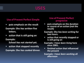 USESUse of Present Perfect SimpleUse of Present Perfect progresiveputs emphasis on the resultExample: She has written five letters.action that is still going onExample: School has not started yet.action that stopped recentlyExample: She has cooked dinner.puts emphasis on the duration or course of an action (not the result)Example: She has been writing for two hours.action that recently stopped or is still going on Example: I have been living here since 2001.finished action that influenced the presentExample: I have been working all afternoon