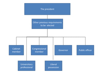 The presidentOther previous requirements to be  electedCabinetmemberCongressional memberGovernorPublic officerUniversitary professionalLiberal possession