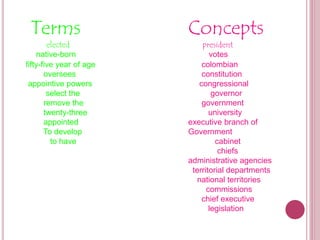Terms
elected
native-born
fifty-five year of age
oversees
appointive powers
select the
remove the
twenty-three
appointed
To develop
to have
Concepts
president
votes
colombian
constitution
congressional
governor
government
university
executive branch of
Government
cabinet
chiefs
administrative agencies
territorial departments
national territories
commissions
chief executive
legislation
 