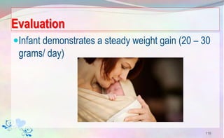 Evaluation
Infant demonstrates a steady weight gain (20 – 30
grams/ day)
116
 