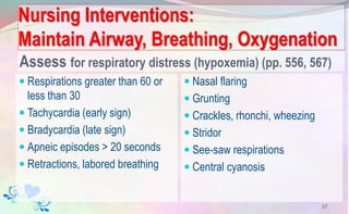 Nursing Interventions:
Maintain Airway, Breathing, Oxygenation
Assess for respiratory distress (hypoxemia) (pp. 556, 567)
 Respirations greater than 60 or
less than 30
 Tachycardia (early sign)
 Bradycardia (late sign)
 Apneic episodes > 20 seconds
 Retractions, labored breathing
 Nasal flaring
 Grunting
 Crackles, rhonchi, wheezing
 Stridor
 See-saw respirations
 Central cyanosis
37
 