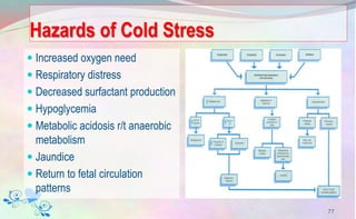 Hazards of Cold Stress
 Increased oxygen need
 Respiratory distress
 Decreased surfactant production
 Hypoglycemia
 Metabolic acidosis r/t anaerobic
metabolism
 Jaundice
 Return to fetal circulation
patterns
77
 