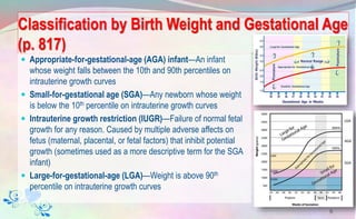 Classification by Birth Weight and Gestational Age
(p. 817)
 Appropriate-for-gestational-age (AGA) infant—An infant
whose weight falls between the 10th and 90th percentiles on
intrauterine growth curves
 Small-for-gestational age (SGA)—Any newborn whose weight
is below the 10th percentile on intrauterine growth curves
 Intrauterine growth restriction (IUGR)—Failure of normal fetal
growth for any reason. Caused by multiple adverse affects on
fetus (maternal, placental, or fetal factors) that inhibit potential
growth (sometimes used as a more descriptive term for the SGA
infant)
 Large-for-gestational-age (LGA)—Weight is above 90th
percentile on intrauterine growth curves
9
 