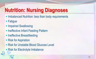 Nutrition: Nursing Diagnoses
 Imbalanced Nutrition: less than body requirements
 Fatigue
 Impaired Swallowing
 Ineffective Infant Feeding Pattern
 Ineffective Breastfeeding
 Risk for Aspiration
 Risk for Unstable Blood Glucose Level
 Risk for Electrolyte Imbalance
95
 