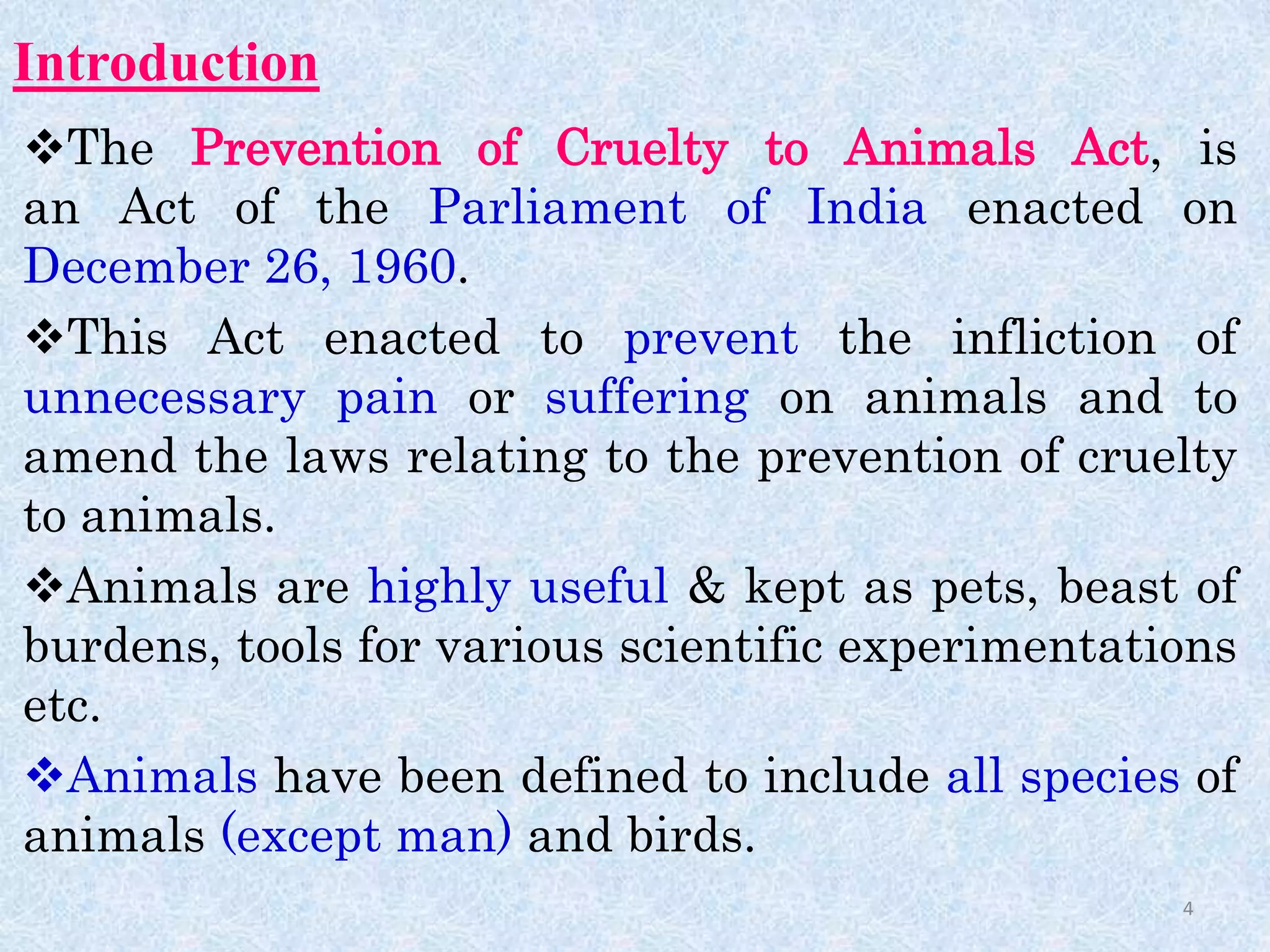 The Prevention of Cruelty to Animal Act, 1960 | PPTX