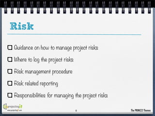 Risk
Guidance on how to manage project risks
Where to log the project risks
Risk management procedure
Risk related reporting
Responsibilities for managing the project risks
www.projectingIT.com

12

The PRINCE2 Themes

 