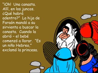 “¡Oh! Una canasta.
Allí, en los juncos.
¿Qué habrá
adentro?” La hija de
Faraón mandó a su
sirvienta a buscar la
canasta. Cuando la
abrió – el bebé
comenzó a llorar. “Es
un niño Hebreo,”
exclamó la princesa.
 
