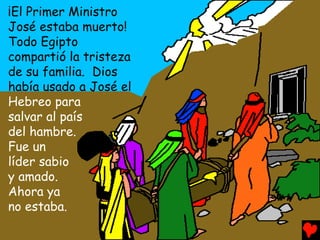 ¡El Primer Ministro
José estaba muerto!
Todo Egipto
compartió la tristeza
de su familia. Dios
había usado a José el
Hebreo para
salvar al país
del hambre.
Fue un
líder sabio
y amado.
Ahora ya
no estaba.
 