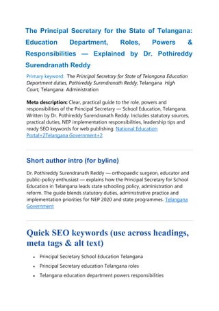 Practical Secretary The Principal Secretary for the State of Telangana education- explain ...