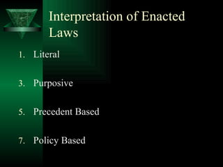 Interpretation of Enacted Laws Literal Purposive Precedent Based Policy Based 