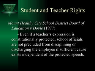 Student and Teacher Rights Mount Healthy City School District Board of Education v Doyle  (1977) - Even if a teacher’s expression is constitutionally protected, school officials are not precluded from disciplining or discharging the employee if sufficient cause exists independent of the protected speech. 