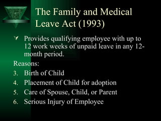 The Family and Medical Leave Act (1993) Provides qualifying employee with up to 12 work weeks of unpaid leave in any 12-month period. Reasons: Birth of Child Placement of Child for adoption Care of Spouse, Child, or Parent Serious Injury of Employee 