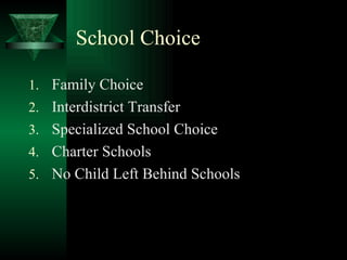 School Choice Family Choice Interdistrict Transfer Specialized School Choice Charter Schools No Child Left Behind Schools 