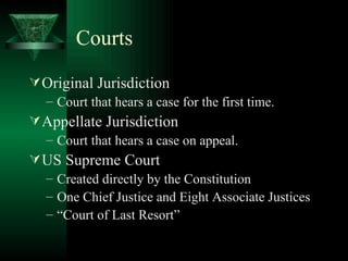 Courts Original Jurisdiction Court that hears a case for the first time. Appellate Jurisdiction Court that hears a case on appeal. US Supreme Court Created directly by the Constitution One Chief Justice and Eight Associate Justices “Court of Last Resort” 