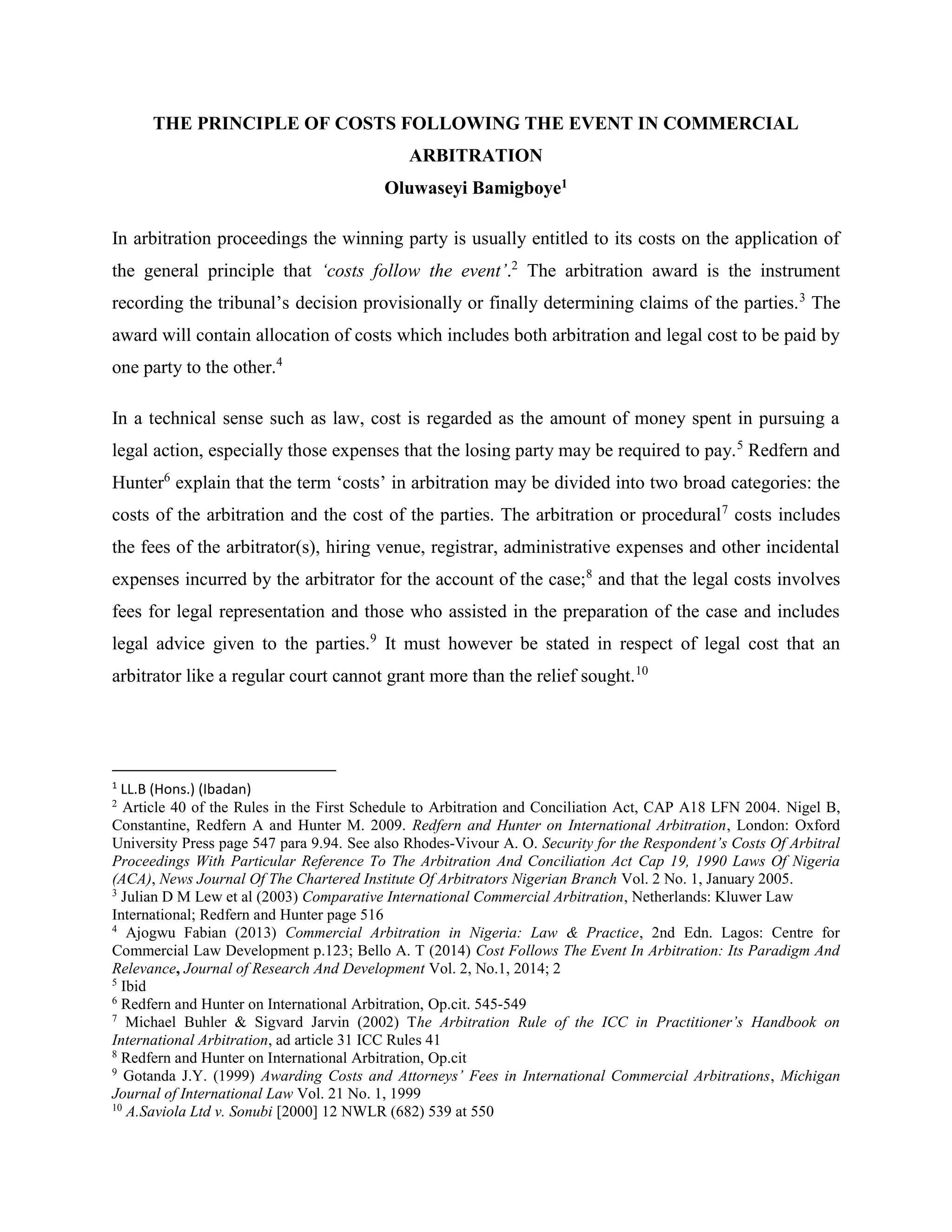 The Principle of Cost Follows the event in Commercial Arbitration PDF