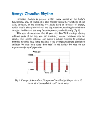 Energy Circadian Rhythm
Circadian rhythm is present within every aspect of the body’s
functioning, and, of course, it is also present within the variations of our
daily energies. In the morning we should have an increase of energy,
which should slowly decrease as the day wears on, reaching its minimum
at night. In this case, you may function properly and efficiently (fig.1).
This data demonstrates that if you take Bio-Well readings during
different parts of the day, you will inevitably receive variations with the
results. This simply indicates our system’s natural response to circadian
rhythms. You may have stable data only if you are measuring metal calibration
cylinder. We may have some “Iron Men” in the society, but they do not
represent majority of population.
Fig.1. Change of Area of the Bio-gram of the 4th right finger, taken 10
times with 5 seconds interval 5 times a day.
 