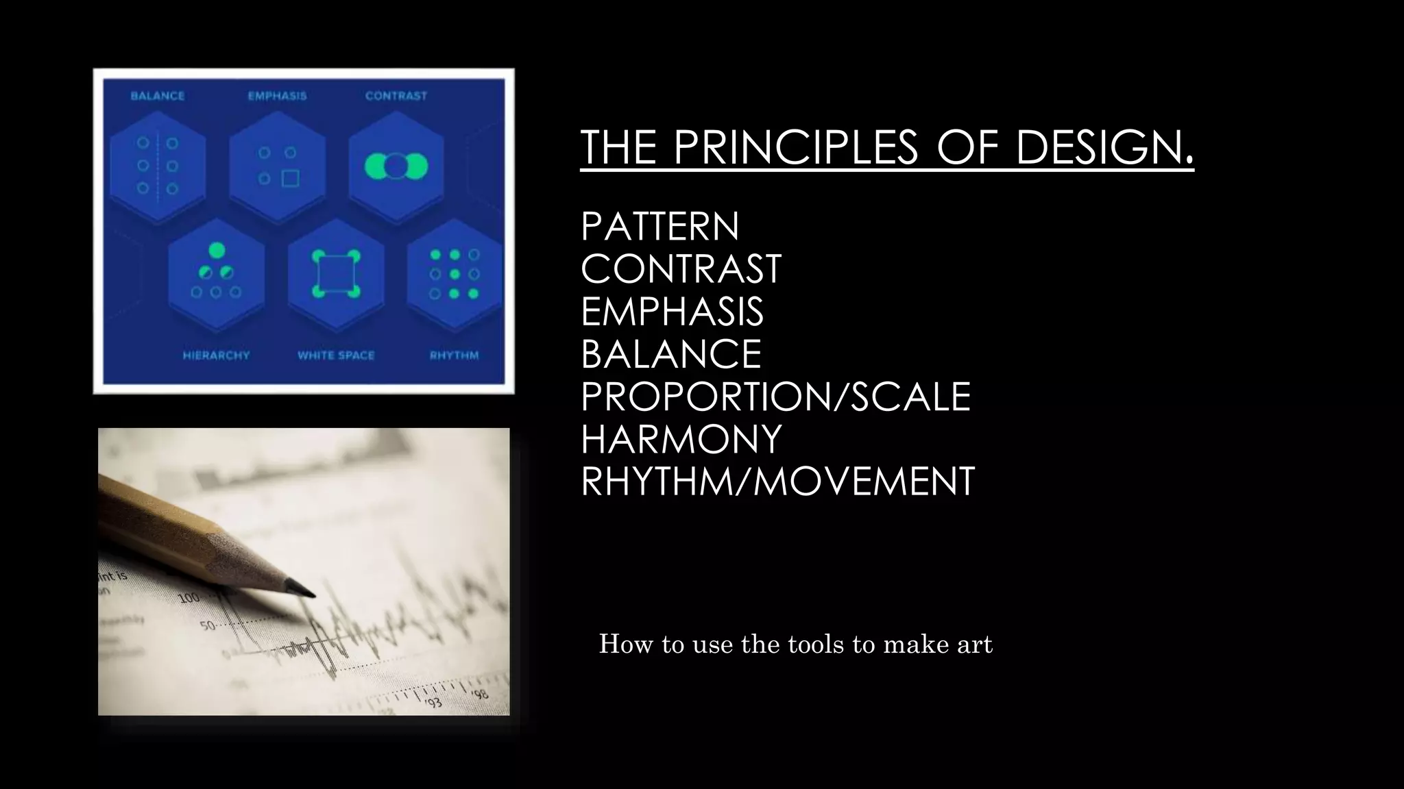 THE PRINCIPLES OF DESIGN.
PATTERN
CONTRAST
EMPHASIS
BALANCE
PROPORTION/SCALE
HARMONY
RHYTHM/MOVEMENT
How to use the tools to make art
 