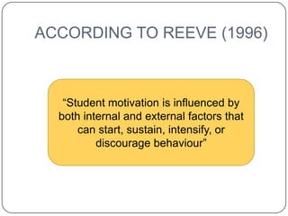 ACCORDING TO REEVE (1996)



   “Student motivation is influenced by
  both internal and external factors that
      can start, sustain, intensify, or
          discourage behaviour”
 