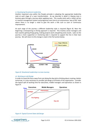 vi. Developing Situational Leadership 
    Another  important  area  within  the  People  principle  is  adopting  the  appropriate  leadership 
    style  at  each  stage  of  a  Lean  transformation.    As  we  describe  in  detail  in  Staying  Lean  a 
    business goes through a journey when applying Lean.  This usually starts with a rather ad hoc 
    or reactive management system and progresses over time to an autonomous ‘way of life’ style 
    where  there  is  no  longer  a  need  to  give  the  work  a  title  such  as  Lean  or  Continuous 
    Improvement. 
 
    At  each  stage  of  the  journey  a  different  leadership  style  is  required  (figure  8).  Near  the 
    beginning a championing or driving approach is required.  This involves senior managers and 
    lean coaches getting things going, making projects work and getting early results.  Later on the 
    journey  a  more  supportive  or  mentoring  style  is  required  to  support  the  line  in  their  lean 
    journey.  We will return to this change in style in the Pull section below. 
 
 
                                                                                   Stage of Maturity
                        CHAMPION
                                                                                   Role of Leaders
 
                               DRIVER

 
                                        FACILITATOR

 
                                                   SUPPORTER

                                                                        MENTOR

 
                            Adhoc            JOURNEY / TIME             Autonomous
                           Reactive                                     CI way of life
                         Early Stages                                   Mature Stages
 
     
    Figure 8: Situational Leadership in a Lean Journey 
     
    vii. Working on Job Design   
    In order to move the focus away from just doing the day job to thinking about creating a better 
    tomorrow, it is also necessary to consider job design at all levels of the organisation.  Consider 
    the typical split of working time for executives, middle managers and operatives as shown in 
    Figure 9. 
                         Executives               Middle Managers                    Operatives
                Time
                                                Improvement
                        Strategic
 
 
                              Fire Fighting
 
                                                                           Day Job
 
 
 
 
 
    Figure 9: Typical Current State Job Design 
 

                                                    Page 11 of 23                                       © S A Partners 1993‐2010 
 