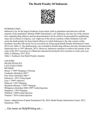 The Death Penalty Of Indonesia
INTRODUCTION
Indonesia is by far the largest Southeast Asian nation, both in population and land area with the
majority of the population, Muslim (OMF International, n.d). Indonesia, also has one of the strictest
laws regarding drug offences and has demonstrated to not be afraid or be persuaded by neighboring
states not to enforce it (Aquino, n.d). Eight out of the eleven countries within Southeast Asia still
retain the death penalty for drug related offences in which Indonesia is the only country within
Southeast Asia that still carries out its executions by firing squad (Death Penalty Information Centre,
2013) (see Table 1). The death penalty was extended to include drug offences and only introduced into
Indonesian law in 1997 (Berman, 2013). However, Indonesia continues to enforce this penalty in the
wake of the 2013 execution of a Malawian national becoming the first execution in some years (see
Table 2) (Delaney, 2013, ¶23).
Table 1. Southeast Asia Death Penalty situation
COUNTRY
DEATH PENALITY
LAST EXECUTION
METHOD
Brunei √ 1984* Hanging or Stoning
Cambodia Abolished 1989 *
East Timor Abolished 2002 *
Indonesia √ 2013 Firing Squad
Laos √ 1989* unknown
Malaysia √ 2013 Hanging
Myanmar (Burma) √ 1993* Hanging
Philippines Abolished 2006 1999* Lethal Injection
Singapore √ 2014 Hanging
Thailand √ 2009 Lethal Injection
Vietnam √ 2014 Lethal Injection
Source: Adapted from (Capital Punishment UK, 2014; Death Penalty Information Centre, 2013;
Gluckman, 1999;
... Get more on HelpWriting.net ...
 