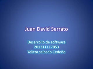 Juan David Serrato

 Desarrollo de software
      201311117853
 Yelitza salcedo Cedeño
 