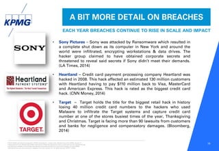 © 2016 KPMG International Cooperative (“KPMG International”), a Swiss entity. Member firms of the KPMG network of
independent firms are affiliated with KPMG International. KPMG International provides no client services. No member firm has
any authority to obligate or bind KPMG International or any other member firm vis-à-vis third parties, nor does KPMG
International have any such authority to obligate or bind any member firm. All rights reserved. NDPPS 133584
15
A BIT MORE DETAIL ON BREACHES
EACH YEAR BREACHES CONTINUE TO RISE IN SCALE AND IMPACT
• Sony Pictures – Sony was attacked by Ransomware which resulted in
a complete shut down as its computer in New York and around the
world were infiltrated, encrypting workstations & data drives. The
hacker group claimed to have obtained corporate secrets and
threatened to reveal said secrets if Sony didn’t meet their demands.
(LA Times, 2014)
• Heartland – Credit card payment processing company Heartland was
hacked in 2008. This hack affected an estimated 130 million customers
with Heartland having to pay $110 million back to Visa, MasterCard
and American Express. This hack is rated as the biggest credit card
hack. (CNN Money, 2014)
• Target – Target holds the title for the biggest retail hack in history
losing 40 million credit card numbers to the hackers who used
Malware to infiltrate the Target systems and capture credit card
number at one of the stores busiest times of the year, Thanksgiving
and Christmas. Target is facing more than 90 lawsuits from customers
and banks for negligence and compensatory damages. (Bloomberg,
2014)
 