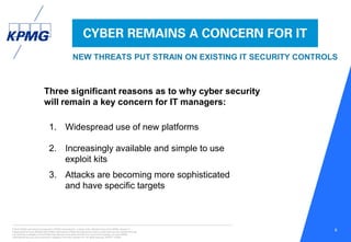 © 2016 KPMG International Cooperative (“KPMG International”), a Swiss entity. Member firms of the KPMG network of
independent firms are affiliated with KPMG International. KPMG International provides no client services. No member firm has
any authority to obligate or bind KPMG International or any other member firm vis-à-vis third parties, nor does KPMG
International have any such authority to obligate or bind any member firm. All rights reserved. NDPPS 133584
6
1. Widespread use of new platforms
Three significant reasons as to why cyber security
will remain a key concern for IT managers:
3. Attacks are becoming more sophisticated
and have specific targets
2. Increasingly available and simple to use
exploit kits
CYBER REMAINS A CONCERN FOR IT
NEW THREATS PUT STRAIN ON EXISTING IT SECURITY CONTROLS
 