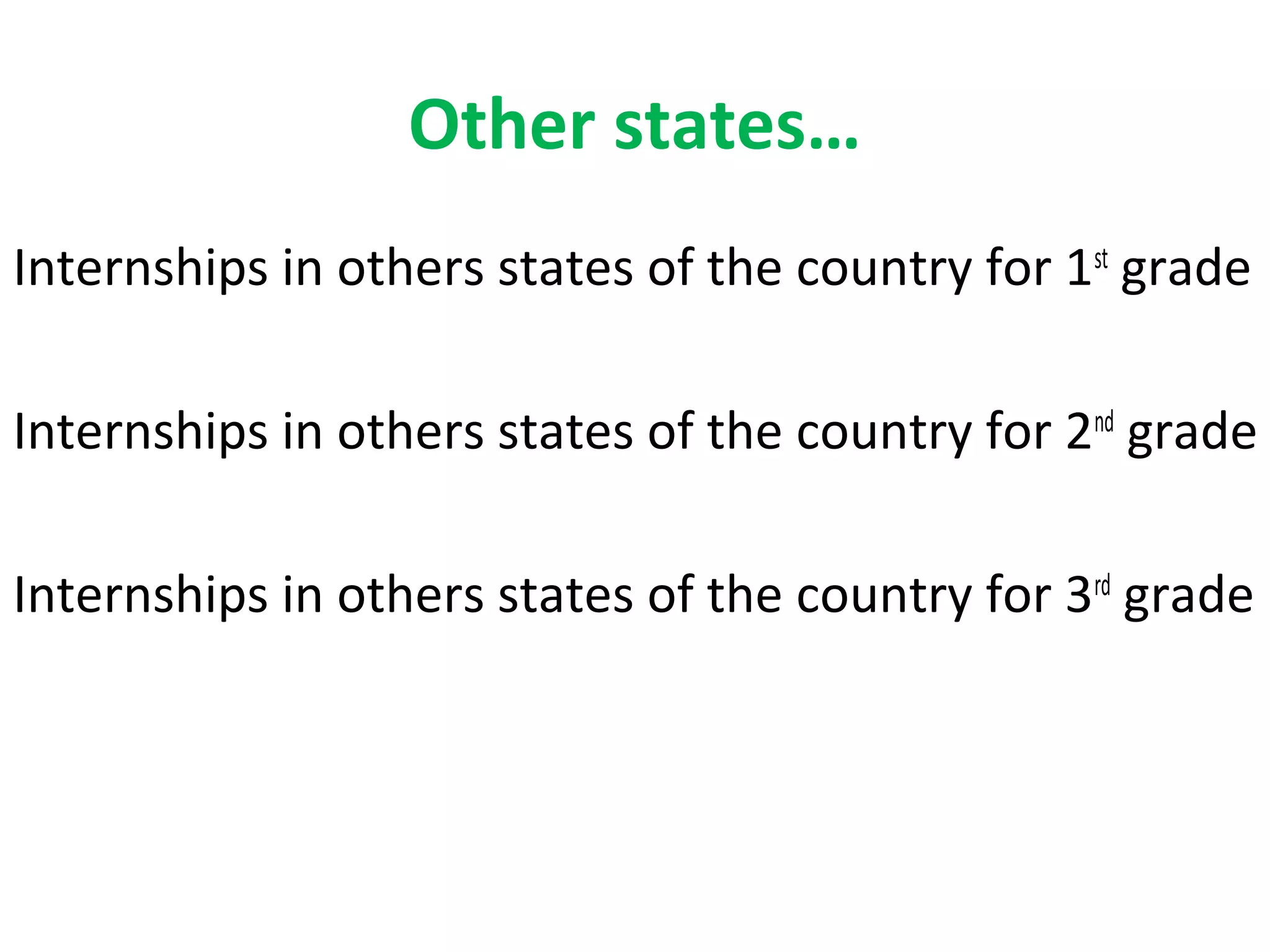 Other states…
Internships in others states of the country for 1st
grade
Internships in others states of the country for 2nd
grade
Internships in others states of the country for 3rd
grade
 