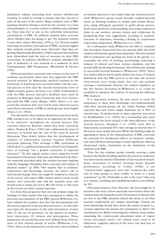 facilitation without detracting from student self-directed
learning. It would be wrong to assume that the concern is
only on the part of the tutors. Many students enter a PBL
learning situation feeling a need for the security of a clear
structural plan, i.e. a course outline or syllabus, time schedule
etc. They may feel `at sea’ in the somewhat structureless
environment of PBL. In addition students have concerns
about whether they are going to `get’ the required content
to pass their exams (Knowles, 1975, p. 37). Several studies
reporting on students’ perceptions of PBL curricula suggest
that students would prefer more `direction’ than they are
getting. Blumberg & Eckenfels (1988) reported that students
were dissatis® ed with the lack of structure in their PBL
curriculum. In addition, McMaster students identi® ed the
lack of de® nition of core material as a weakness in their
Undergraduate MD Programme (Woodward & Ferrier,
1982).
Other groups have reported some unease on the part of
students, particularly when they ® rst approach the PBL
tutorial method. In Maastricht, medical students at the
University of Limburg were uncomfortable with the tuto-
rial process at ® rst and the tutorial interactions were of
highly variable quality (de Vries et al., 1989). Unfamiliarity
with the PBL process and poor feedback were cited by
students at Michigan State University who were dissatis-
® ed with the PBL track (Shope, 1989). Davis et al. also
noted that students who were led by more directive tutors
rated their enjoyment of PBL in small groups more highly
(Davis et al., 1982).
The discomfort that students themselves may have in the
PBL setting is not to be taken as an argument for the tutor
to be `directive’ throughout the tutorial process. The
concerns raised by Knowles earlier have been echoed by
others. Neame & Powis (1981) have addressed the issue of
structure in tutorial and the role of the tutor in tutorial
discussion. They ® rmly believe that the development of
students as independent learners requires deliberate
curricular planning. They envisage a PBL curriculum in
which there is a gradual progression toward total independ-
ence of learning ª via a graded reduction of imposed
structureº . ª In this regard, earlier course segments would
be prepared with precise objectives speci® ed and with direc-
tive materials provided while the student becomes familiar
with the language, discipline, basic concepts and outline of
medical studiesº (p. 889). This implies that as students’
competence and knowledge increase, the tutor’s role or
style should change.Thus one might be tempted to conceive
of the novice and expert PBL student whose needs would
mature over curricular time and the requisite tutor role
would need to adopt pari passu. We will return to this issue
in the section on tutor content expertise.
It is from this perspective that one can perhaps judge the
® ndings of other studies that have attempted to de® ne the
processes and dynamics of the PBL tutorial.Wilkerson et al.
have de® ned ® ve qualities that they felt discriminated self-
directed as opposed to faculty-directed tutors: (1) who initi-
ates topics for discussion; (2) the style and pattern of tutor
talk; (3) the use of questions; (4) the pattern of student±
tutor interaction; (5) silences and interruptions. These
parameters of tutorial function were de® ned from observa-
tions of four tutorial groups in action (Wilkerson et al.,
1991).Thus, in this framework, it is the tutor who is defined
as student directed or not, rather than the tutorial process
itself. Wilkerson’s group would describe student-directed
tutors as allowing students to initiate and sustain discus-
sion, using infrequent questions to guide group process.
Such tutors probe for understanding, encourage students to
listen to one another, tolerate silence and collaborate by
postponing their own suggestions, acceding to students’
selection of objectives, fostering a feeling of cooperation
rather than competition (Wilkerson et al., 1991).
In a subsequent study, Wilkerson was able to condense
this descriptive framework into two general skills that both
students and faculty agreed were important.The ® rst desired
skill or behaviour was `guiding the work of the group’, i.e.
essentially the roles of probing, questioning, achieving a
balance of clinical and basic science emphasis, and the
second skill, `promoting interaction’, described issues relating
to successful tutorial dynamics (Wilkerson, 1992). These
two studies did not particularly address the issue of student
familiarity with the PBL process at the time the tutorial
observations were being made, but one can perhaps
envisage a mechanism whereby the relative emphasis on
the ® ve factors described by Wilkerson et al. could be
modi® ed to optimize the climate of learning for different
PBL learners.
It is important, however, for new tutors to resist the
temptation to share their knowledge over-enthusiastically
with their tutorial groups. In one study, Thomas (1992)
reported that new tutors might dominate up to 80% of
tutorial time. A similar desire to share expertise was noted
by DesMarchais et al. (1992). In a contrasting vein, tutor
directiveness has been related to the time-efficiency of the
tutorial process. Gruppen et al. (1992) were able to
demonstrate a potential 50% time savings in tutorial time if
the tutors were clearly directive.While this ® nding might be
appealing to those in the administration of PBL curricula,
the potential for detrimental effects on students’ satisfac-
tion and self-directed learning is clearly signi® cant, albeit as
mentioned earlier, dependent on the familiarity of the
students with PBL.
Thus far, the evidence points towards steering a path
between the Scylla of sti¯ ing student discussion by authorita-
tive intervention and the Charybdis of unconcerned detach-
ment, insensitive to student learning needs. Equally
problematic, according to Collier (1980) is the
ª constructivelyº aggressive tutor who ª counters the collu-
sion of some groups to deny con¯ ict to arrive at a quick
consensusº (p. 58). Preferable to this is the tutor ª who acts
as a catalyst, clarifying and amplifying without prescribingº
(p. 58).
Obviously related to how `directive’ the tutor might be in
tutorial is the issue of how much the tutor knows about the
content material being discussed. Frustration of faculty who
are new to the PBL situation re¯ ects the desire to do what
teachers traditionally doÐ impart knowledge. Clearly the
more knowledge faculty have about the matter at hand (i.e.
content expertise) the greater the temptation to `direct’ the
tutorial process. Before reviewing the evidence from studies
examining the controversial educational value of `expert
versus non-expert tutors’, two related issues need to be
addressed: cognitive aspects of the tutor role and peer or
student tutors.
The problem-based learning tutor
395
 