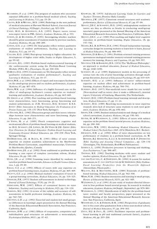 BLUMBERG, P. et al. (1995) The progress of students who encounter
repeated difficulties in a problem-based medical school, Teaching
and Learning in Medicine, 7(1), pp. 23± 28.
CALVIN, R.B. & WETZEL, M.S. (1989) Pathology in the new pathway
of medical education at Harvard Medical School, American Journal
of Clinical Pathology, 92(Suppl., October), pp. S23± S30.
CAM P, M.G. & AN D ER SON , A.S. (1993) Expert tutors versus
non-expert tutors in PBL (letter), Academic Medicine, 68, p. 353.
COH EN , G. & BLUM BERG, P. (1991) Investigating whether teachers
should be given assessments of students made by previous teachers,
Academic Medicine, 66, pp. 288± 289.
COH EN , G.S. et al. (1993) Do ® nal grades re¯ ect written qualitative
evaluations of student performance, Teaching and Learning in
Medicine, 5(1), pp. 10± 15.
COLLIER, K.G. (1980) Peer-group learning in higher education: the
development of higher order skills, Studies in Higher Education, 5,
pp. 55± 62.
COULSON, R.L. (1983) Problem-based student-centered learning of
the cardiovascular system using the Problem-Based Learning
Module (P.B.L.M.), Physiologist, 26, pp. 220± 224.
DAROZA, D.A. (1993) Commentary on `Do ® nal grades re¯ ect written
qualitative evaluations of student performance?’ , Teaching and
Learning in Medicine, 5(1), pp. 16± 17.
DAVIS,W.K. et al. (1992) Effects of expert and non-expert facilitators
on the small-group process and on student performance, Academic
Medicine, 67, pp. 407± 474.
DAVIS, W.K. et al. (1994) In¯ uence of a highly focussed case on the
effect of small-group facilitator’s content expertise on students’
learning and satisfaction, Academic Medicine, 69, pp. 663± 669.
DE GRAVE et al. (1990) Peer teaching and problem-based learning:
tutor characteristics, tutor functioning, group functioning and
student achievement, in: Z.M. NOOMAN, H.G. SCHMIDT & E.S.
EZZAT (Eds) Innovation in Medical Education: An Evaluation of its
Present Status, pp. 135± 137 (New York, Springer).
DE VOLDER, M.L. (1982) Discussion groups and their tutors: relation-
ships between tutor characteristics and tutor functioning. Higher
Education, 11, pp. 269± 271.
D E VRIES, M. et al. (1989) Dutch comparisons: cognitive and
motivational effects of problem-based learning on medical students,
in: H.G. SCHMIDT, J.R. LIPKIN, M. DE VRIES & J.M. GREEP (Eds)
New Directions for Medical Education: Problem-Based Learning and
Community-Oriented Medical Education, pp. 230± 238 (New York,
Springer-Verlag).
DESMARCHAIS, J.E. & BLACK, R. (1991) Effect of tutor content
expertise on student academic achievement in the Sherbrooke
Problem-Based Curriculum, unpublished manuscript, UniversiteÂ
de Sherbrooke, Quebec, Canada.
DESMARCHAIS, J.E. et al. (1992) From traditional to problem-based
learning: a case report of complete curriculum reform, Medical
Education, 26, pp. 190± 199.
DUEK, J.E. et al. (1996) Learning issues identi® ed by students in
tutorless problem-based tutorials, Advances in Health Sciences Educa-
tion, 1, pp. 29± 40.
EAGLE, C.J. et al. (1992) Effects of tutors with case expertise on
problem-based learning issues, Academic Medicine, 67, pp. 465± 469.
FELETTI, G.I. et al. (1982) Medical students’ evaluation of tutors in
a group-learning curriculum, Medical Education, 16, pp. 319± 325.
GEISSLER, P.R. (1973) Student self-assessment in dental technology,
Journal of Dental Technology, 37(9), pp. 19± 21.
GIJSELAERS, W.H. (1997) Effects of contextual factors on tutor
behaviour, Teaching and Learning in Medicine, 9(2), pp. 116± 124.
GORDON , M.J. (1991) A review of the validity and accuracy of self-
assessments in health profession training, Academic Medicine, 66,
pp. 762± 769.
GRUPPEN, L.D. et al. (1992) Tutor-led and student-led small groups:
no differences in learning?, paper presented at the Annual Meeting
of the American Educational Research Association, San Francisco,
California, April.
JOH NSON, D.W. et al. (1981) Effects of cooperative, competitive and
individualistic goal structures on achievement: a meta-analysis,
Psychological Bulletin, 89(1), pp. 47± 62.
KNOW LES, M. (1975) Self-directed Learning. Guide for Learners and
Teachers (Toronto, Prentice Hall, Canada).
MICHAELS, J.W. (1977) Classroom reward structures and academic
performance, Review of Educational Research, 47, pp. 87± 98.
MOUST, J.H.C. & SCHM IDT, H.G. (1992) undergraduate students as
tutors: are they as effective as faculty in conducting small-group
tutorials?, paper presented at the Annual Meeting of the American
Educational Research Association, San Francisco, California, April.
MOUST, J.H.C. et al. (1989) Peer teaching and higher level cognitive
outcomes in problem-based learning, Higher Education, 18, pp.
737± 742.
NEAME, R.L.B. & POWIS, D.A. (1981) Toward independent learning:
curricular design for assisting students to learn how to learn, Journal
of Medical Education, 56, pp. 886± 893.
NEEDHAM , D. & BEGG, I. (1991) Problem-oriented training promotes
spontaneous analogical transfer: memory-oriented training promotes
memory for training, Memory and Cognition, 19, pp. 543± 557.
NEUFELD, V.R. & BAR ROW S, H.S. (1974)The `McMaster Philosophy’ :
an approach to medical education, Journal of Medical Education,
49, pp. 1040± 1050.
SCHMIDT, H. et al. (1989) Explanatory models in the processing of
science text: the role of prior knowledge activation through small-
group discussion, Journal of Educational Psychology, 81, pp. 610± 619.
SCHMIDT, H.G. et al. (1993) In¯ uence of tutors’ subject-matter
expertise on student effort and achievement in problem-based
learning, Academic Medicine, 68, pp. 784± 791.
SCHMIDT, H.G. (1977) Niet-medicials tutor: maakt het een vershil?
(Non-medical staff as tutors: does it make a difference?), internal
report, University of Limburg, Maastricht, The Netherlands.
SCHMIDT, H.G. (1983) Problem-based learning: rationale and descrip-
tion, Medical Education, 17, pp. 11± 16.
SCHMIDT, H.G. (1989) Resolving inconsistencies in tutor expertise
research: does lack of structure cause students to seek tutor guid-
ance, Academic Medicine, 69, pp. 656± 662.
SHOPE,T.R. (1989) Student-initiated analysis and change of a medical
school curriculum, Academic Medicine, 64, pp. 330± 301.
SILVER, M. & WILKERSON, L. (1991) Effects of tutors with subject
expertise on the problem± based tutorial process, Academic Medicine,
66, pp. 298± 300.
SPAULDING, W.B. (1991) Revitalising Medical Education. McMaster
Medical School.The EarlyYears 1965± 1974 (Hamilton, B.C. Becker).
SWAN SON, D.B. et al. (1990) Effect of tutor characteristics on test
performance of students in a problem-based curriculum, in: W.
BENDER , R.J. HIEMSTRA, A. J. J. A. SCHER PBIER & R. P. ZWIERSTRA
(Eds) Teaching and Assessing Clinical Competence., pp. 129± 134
(Groningen,The Netherlands, BoekWerk Publications).
SZEKELY, L. (1950) Productive processes in learning and thinking,
Acta Psychiatrica, 7, pp. 388± 407.
THOMAS, R.E. (1992) Teaching medicine with cases: student and
teacher opinion, Medical Education, 26, pp. 220± 297.
VAN DER VLEUTEN, C. & VERW IJNEN, M. (1990) A system for student
assessment, in: C. VAN DER VLEUTEN & M.VERW IJNEN (Eds) Problem-
B ased Lear ning: Perspectives from the M aastricht Approach
(Amsterdam, Thesis-publ.).
WALTON, H.J. & MATTH EWS, M.B. (1989) Essentials of problem-
based learning, Medical Education, 23, pp. 542± 558.
WEBB, N.M. (1982) Student interaction and learning in small groups,
Review of Educational Research, 52(3), pp. 421± 445.
WILKERSON, L. et al. (1991) A case study of student-directed discus-
sion in four problem± based tutorial groups. In research in medical
education, Academic Medicine, 66(Suppl., September), pp. S79± S81.
WILKERSON, L. (1992) Identi® cation of skills for the problem-based
tutor: student and faculty perspectives, paper presented at the
Annual Meeting of the American Educational Research Associa-
tion. San Francisco, California, April.
WOODW ARD, C.A. & FERR IER, B.M. (1982) Perspectives of graduates
two or ® ve years after graduation from a three-year medical school,
Journal of Medical Education, 57, pp. 294± 302.
ZEITZ, H.J. & PAUL, H. (1993) Facilitator expertise and problem-
based learning in pbl and traditional curricula (letter), Academic
Medicine, 68, pp. 203± 204.
The problem-based learning tutor
401
 